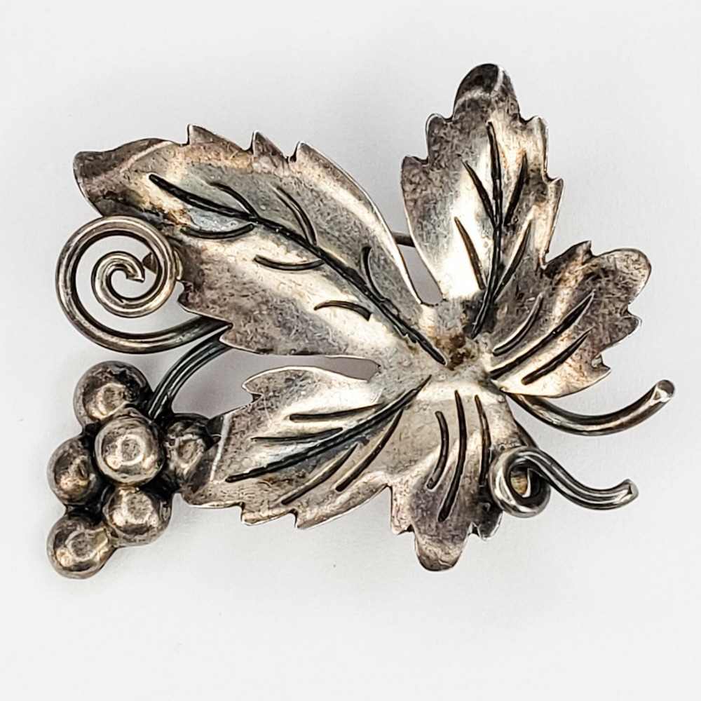 Taxco Brooch Sterling Silver 925 Silver Grape Leaf Cluster DG Script Vintage